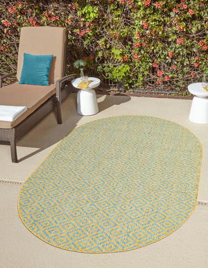 Yellow and Aqua 5' 3 x 8' Jill Zarin Outdoor Oval Area Rug Weather Resistant for Patio, Deck, Terrace, Balcony, Porch Durable 100% Polypropylene Carpet for Outside for Sale at Rug Engine