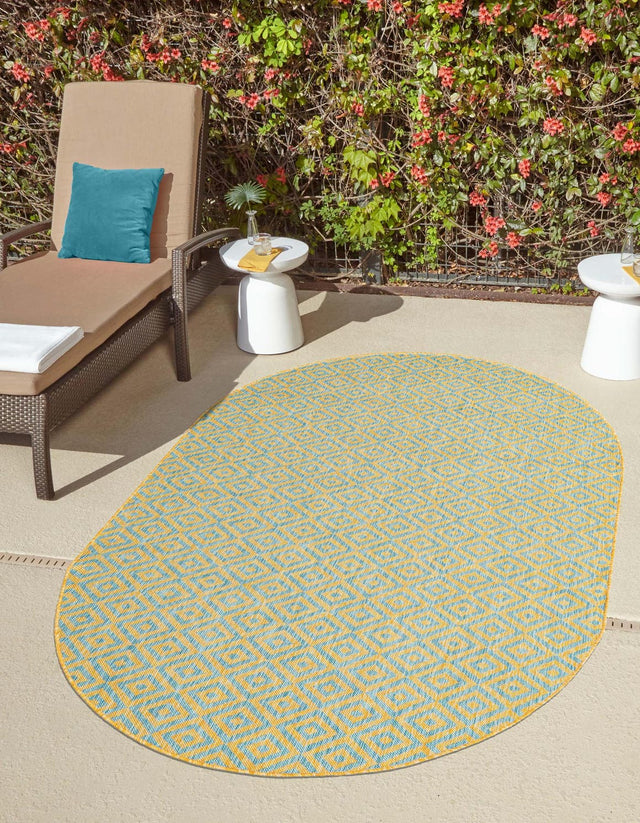 Yellow and Aqua 5' 3 x 8' Jill Zarin Outdoor Oval Area Rug Weather Resistant for Patio, Deck, Terrace, Balcony, Porch Durable 100% Polypropylene Carpet for Outside for Sale at Rug Engine