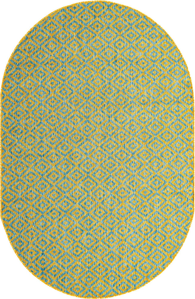 Yellow and Aqua 5' 3 x 8' Jill Zarin Outdoor Oval Area Rug Weather Resistant for Patio, Deck, Terrace, Balcony, Porch Durable 100% Polypropylene Carpet for Outside for Sale at Rug Engine