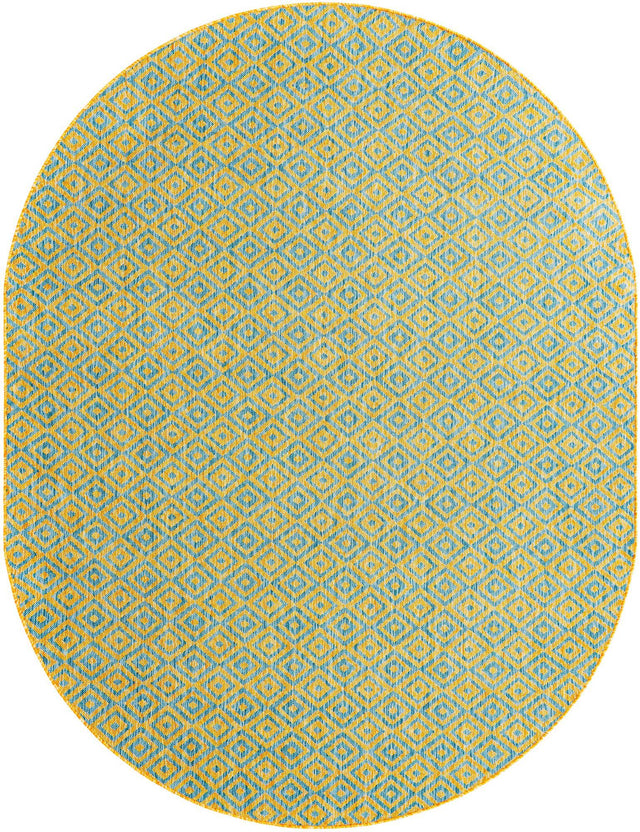 Yellow and Aqua 7' 10 x 10' Jill Zarin Outdoor Oval Area Rug Weather Resistant for Patio, Deck, Terrace, Balcony, Porch Durable 100% Polypropylene Carpet for Outside for Sale at Rug Engine