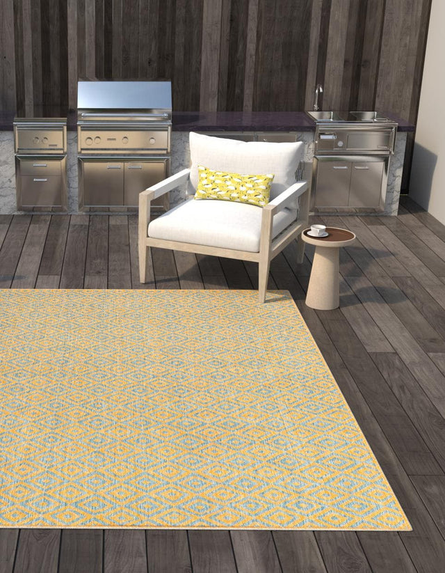 Yellow and Aqua 7' 10 x 7' 10 Jill Zarin Outdoor Square Area Rug Weather Resistant for Patio, Deck, Terrace, Balcony, Porch Durable 100% Polypropylene Carpet for Outside for Sale at Rug Engine