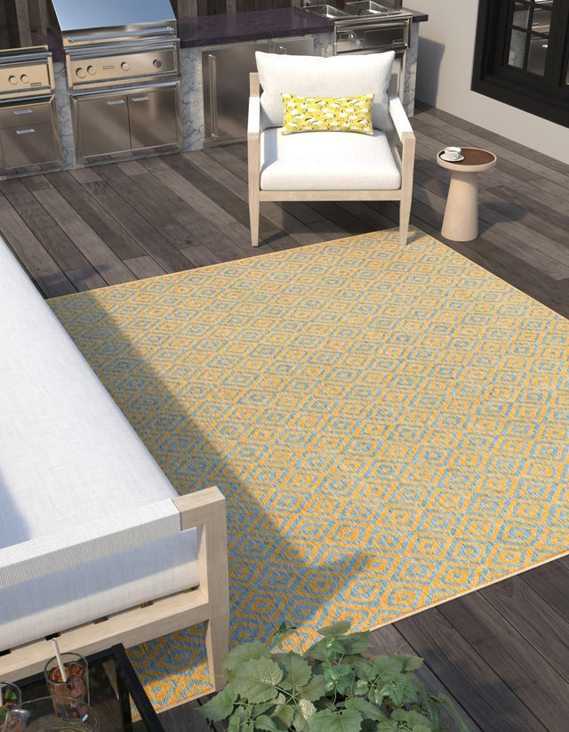 Yellow and Aqua 13' 1 x 13' 1 Jill Zarin Outdoor Square Area Rug Weather Resistant for Patio, Deck, Terrace, Balcony, Porch Durable 100% Polypropylene Carpet for Outside for Sale at Rug Engine