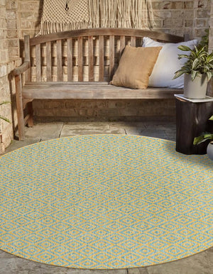 Yellow and Aqua 6' 7 x 6' 7 Jill Zarin Outdoor Round Area Rug Weather Resistant for Patio, Deck, Terrace, Balcony, Porch Durable 100% Polypropylene Carpet for Outside for Sale at Rug Engine