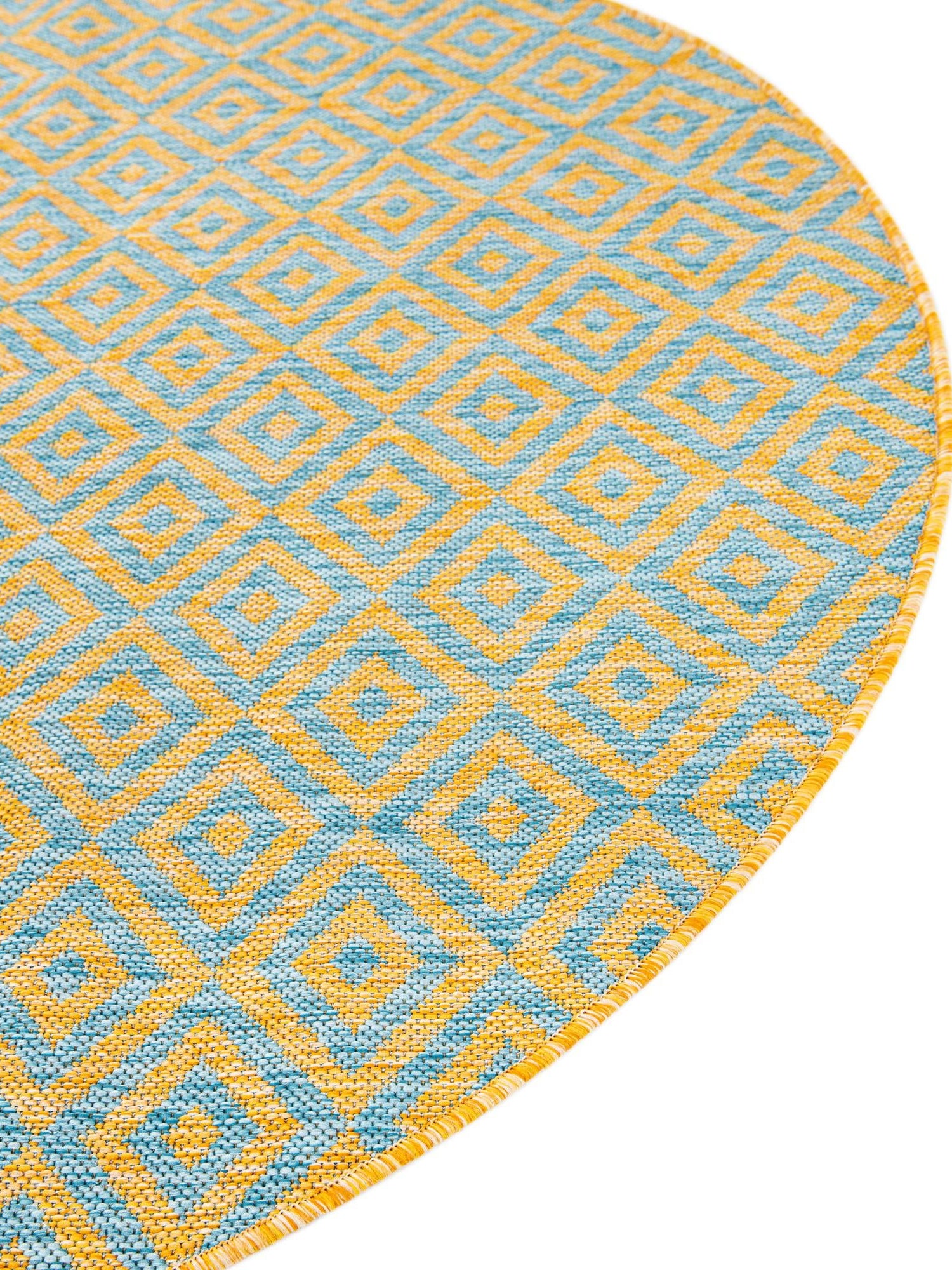 Yellow and Aqua 13' 1 x 13' 1 Jill Zarin Outdoor Round Area Rug Weather Resistant for Patio, Deck, Terrace, Balcony, Porch Durable 100% Polypropylene Carpet for Outside for Sale at Rug Engine