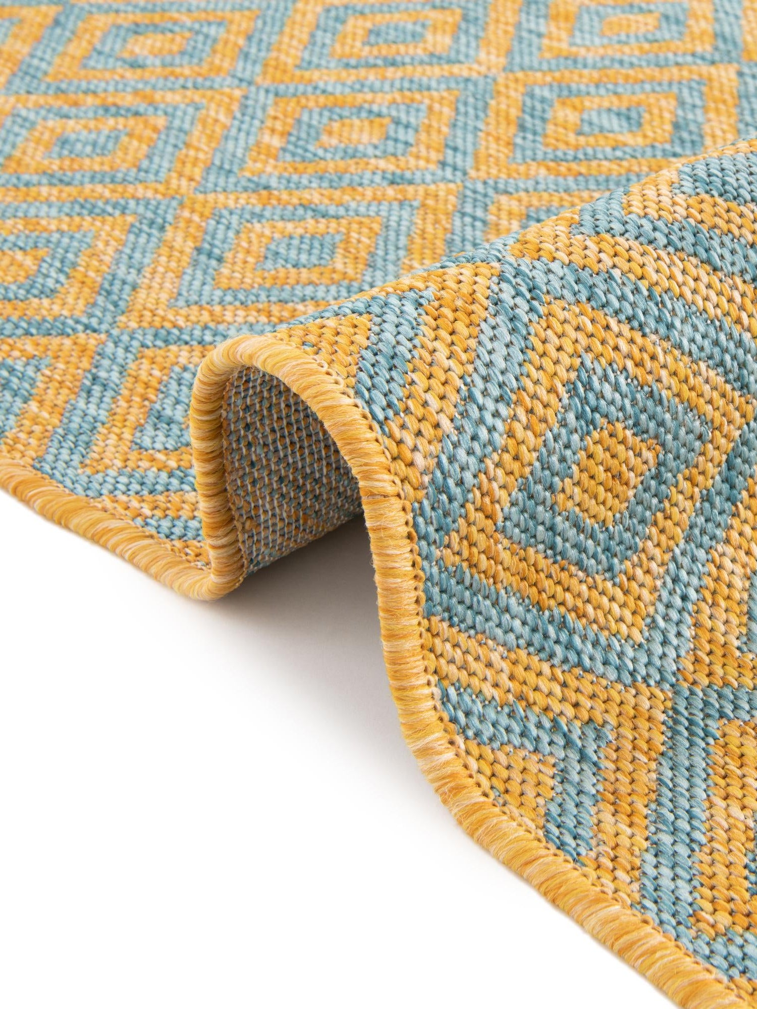 Yellow and Aqua 6' 7 x 6' 7 Jill Zarin Outdoor Round Area Rug Weather Resistant for Patio, Deck, Terrace, Balcony, Porch Durable 100% Polypropylene Carpet for Outside for Sale at Rug Engine