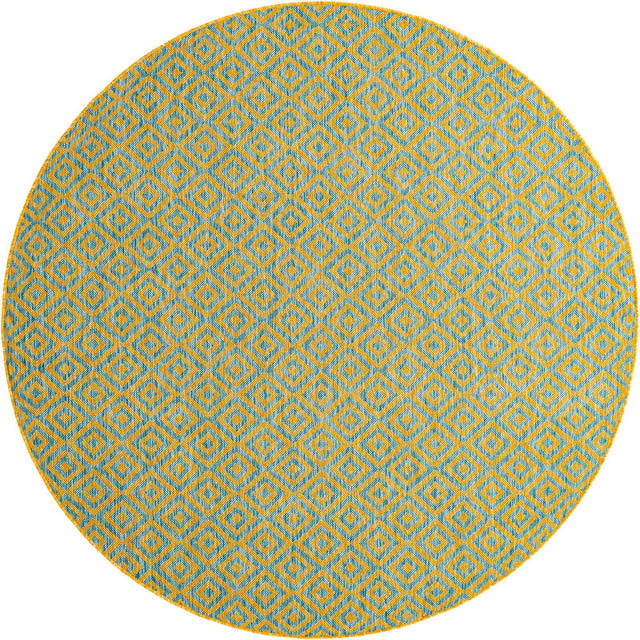 Yellow and Aqua 6' 7 x 6' 7 Jill Zarin Outdoor Round Area Rug Weather Resistant for Patio, Deck, Terrace, Balcony, Porch Durable 100% Polypropylene Carpet for Outside for Sale at Rug Engine