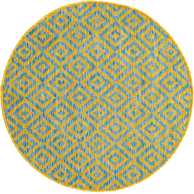 Yellow and Aqua 3' 1 x 3' 1 Jill Zarin Outdoor Round Area Rug Weather Resistant for Patio, Deck, Terrace, Balcony, Porch Durable 100% Polypropylene Carpet for Outside for Sale at Rug Engine