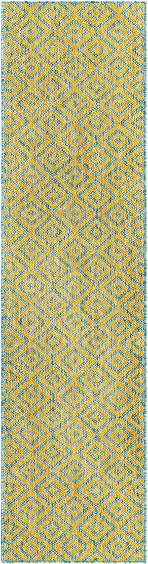 Yellow and Aqua 2' x 8' Jill Zarin Outdoor Runner Area Rug Weather Resistant for Patio, Deck, Terrace, Balcony, Porch Durable 100% Polypropylene Carpet for Outside for Sale at Rug Engine