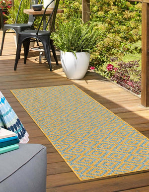 Yellow and Aqua 2' x 8' Jill Zarin Outdoor Runner Area Rug Weather Resistant for Patio, Deck, Terrace, Balcony, Porch Durable 100% Polypropylene Carpet for Outside for Sale at Rug Engine