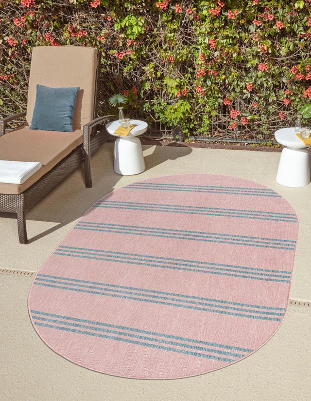 Pink and Aqua 7' 10 x 10' Jill Zarin Outdoor Oval Area Rug Weather Resistant for Patio, Deck, Terrace, Balcony, Porch Durable 100% Polypropylene Carpet for Outside for Sale at Rug Engine