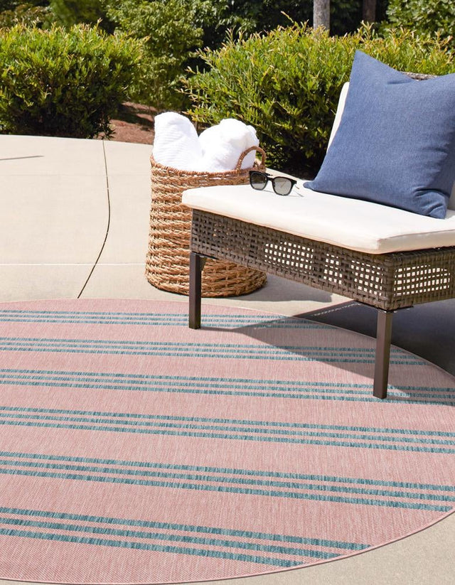 Pink and Aqua 7' 1 x 7' 1 Jill Zarin Outdoor Round Area Rug Weather Resistant for Patio, Deck, Terrace, Balcony, Porch Durable 100% Polypropylene Carpet for Outside for Sale at Rug Engine