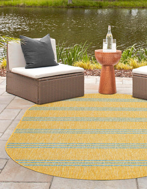 Yellow and Aqua 7' 10 x 10' Jill Zarin Outdoor Oval Area Rug Weather Resistant for Patio, Deck, Terrace, Balcony, Porch Durable 100% Polypropylene Carpet for Outside for Sale at Rug Engine