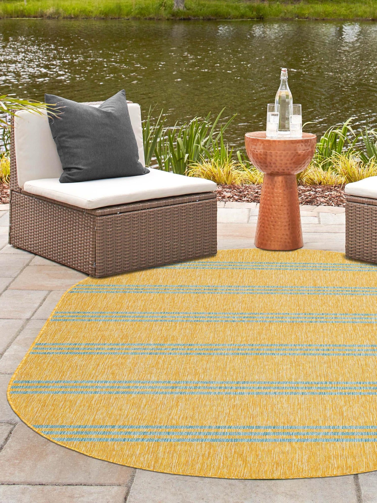 Yellow and Aqua 5' 3 x 8' Jill Zarin Outdoor Oval Area Rug Weather Resistant for Patio, Deck, Terrace, Balcony, Porch Durable 100% Polypropylene Carpet for Outside for Sale at Rug Engine