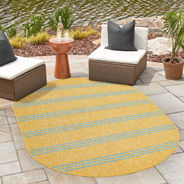 Yellow and Aqua 7' 10 x 10' Jill Zarin Outdoor Oval Area Rug Weather Resistant for Patio, Deck, Terrace, Balcony, Porch Durable 100% Polypropylene Carpet for Outside for Sale at Rug Engine