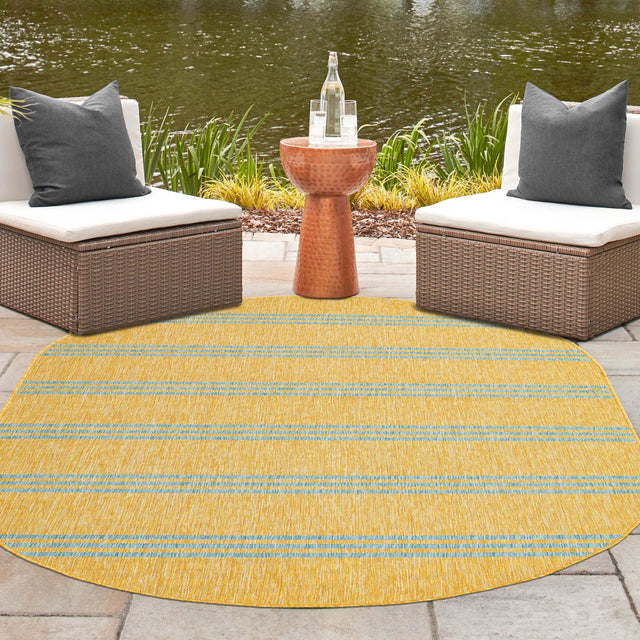 Yellow and Aqua 7' 10 x 10' Jill Zarin Outdoor Oval Area Rug Weather Resistant for Patio, Deck, Terrace, Balcony, Porch Durable 100% Polypropylene Carpet for Outside for Sale at Rug Engine