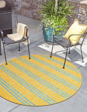 Yellow and Aqua 6' 7 x 6' 7 Jill Zarin Outdoor Round Area Rug Weather Resistant for Patio, Deck, Terrace, Balcony, Porch Durable 100% Polypropylene Carpet for Outside for Sale at Rug Engine