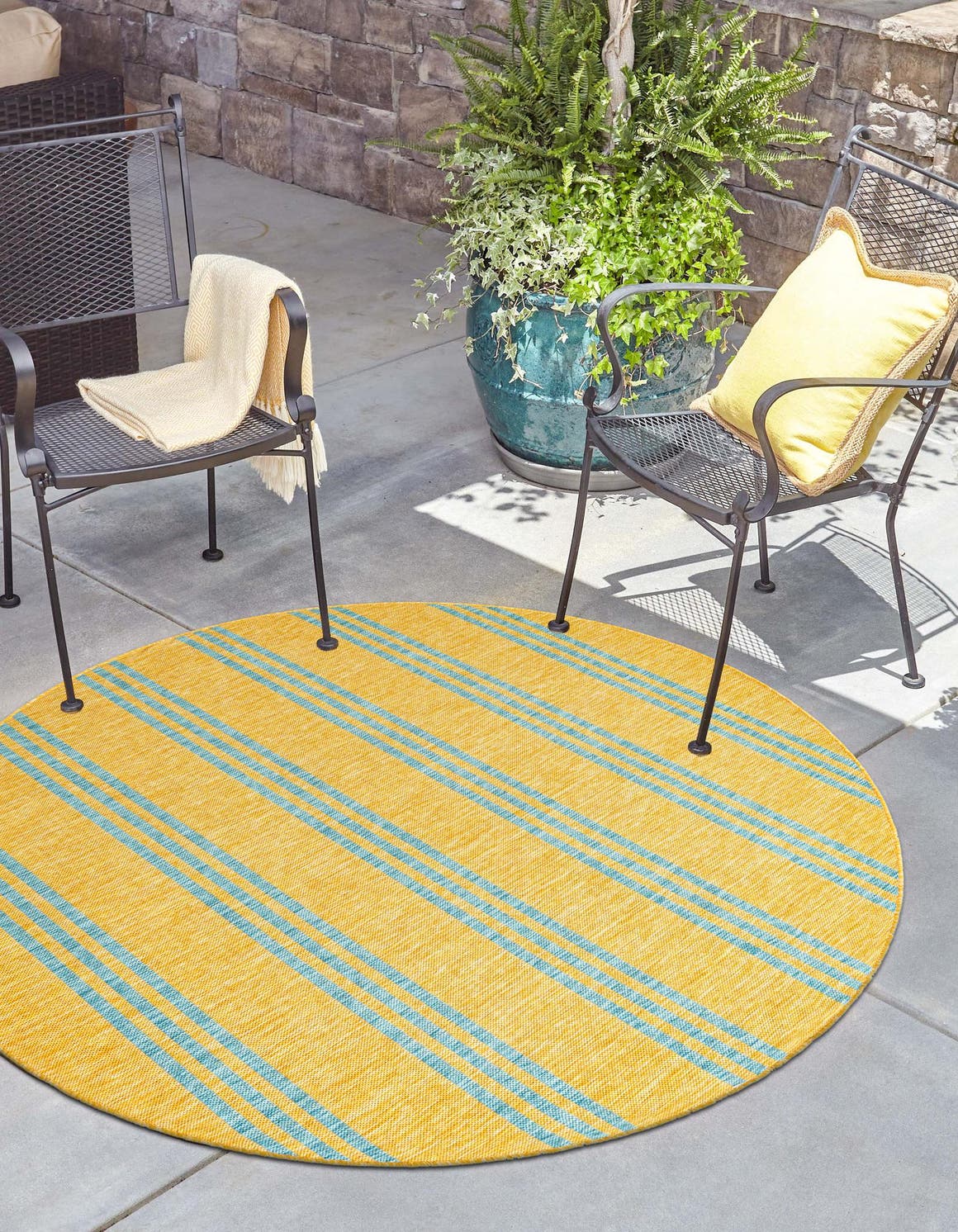 Yellow and Aqua 3' 1 x 3' 1 Jill Zarin Outdoor Round Area Rug Weather Resistant for Patio, Deck, Terrace, Balcony, Porch Durable 100% Polypropylene Carpet for Outside for Sale at Rug Engine