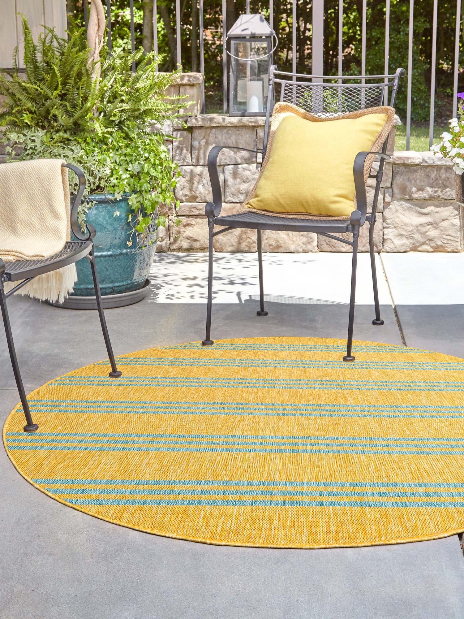 Yellow and Aqua 3' 1 x 3' 1 Jill Zarin Outdoor Round Area Rug Weather Resistant for Patio, Deck, Terrace, Balcony, Porch Durable 100% Polypropylene Carpet for Outside for Sale at Rug Engine
