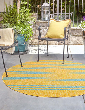 Yellow and Aqua 3' 1 x 3' 1 Jill Zarin Outdoor Round Area Rug Weather Resistant for Patio, Deck, Terrace, Balcony, Porch Durable 100% Polypropylene Carpet for Outside for Sale at Rug Engine
