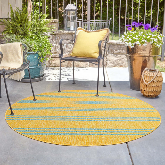 Yellow and Aqua 10' 8 x 10' 8 Jill Zarin Outdoor Round Area Rug Weather Resistant for Patio, Deck, Terrace, Balcony, Porch Durable 100% Polypropylene Carpet for Outside for Sale at Rug Engine