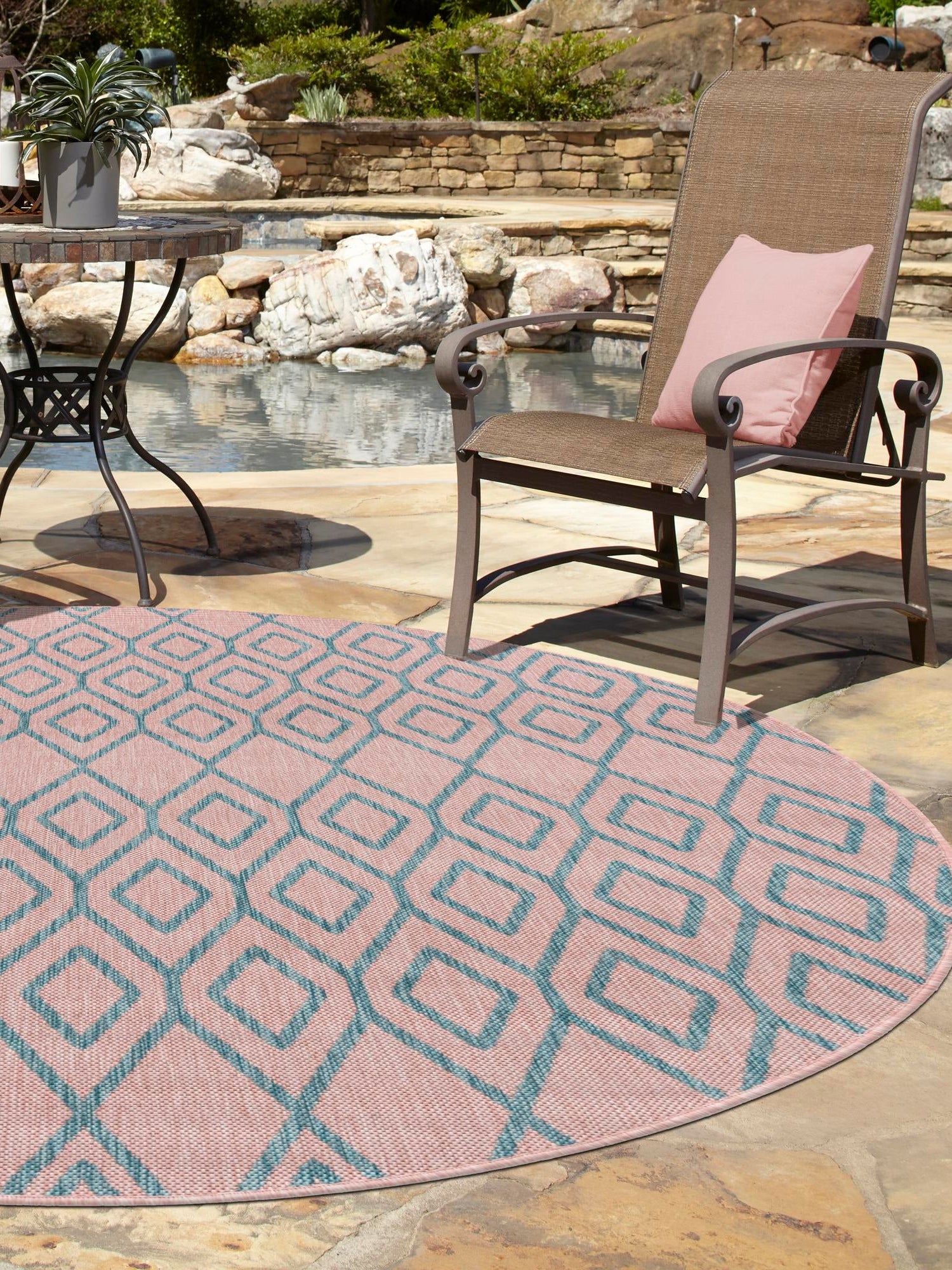 Pink and Aqua 10' 8 x 10' 8 Jill Zarin Outdoor Round Area Rug Weather Resistant for Patio, Deck, Terrace, Balcony, Porch Durable 100% Polypropylene Carpet for Outside for Sale at Rug Engine