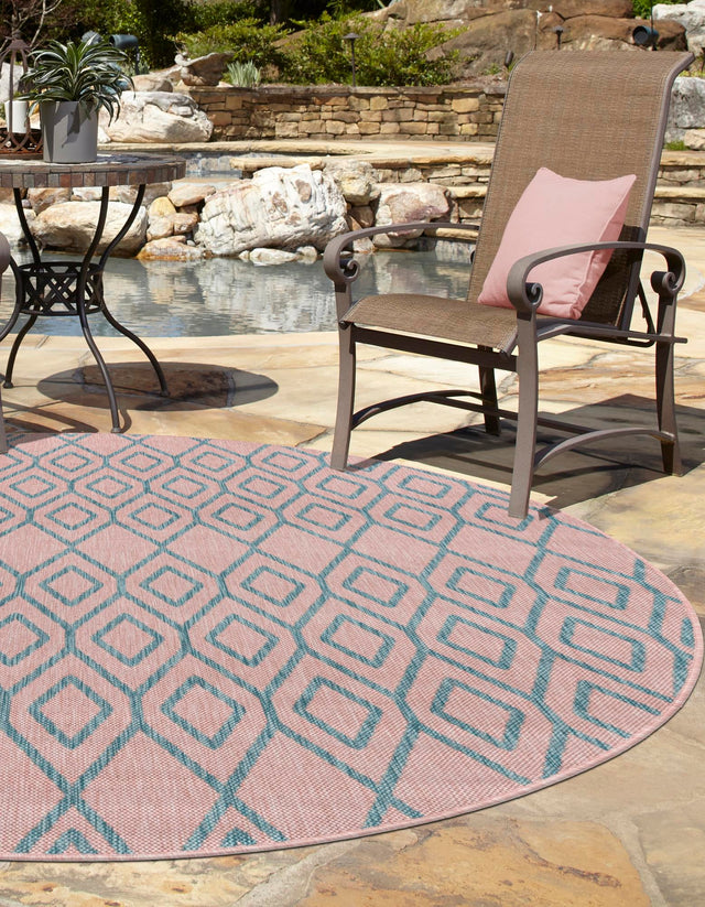 Pink and Aqua 6' 7 x 6' 7 Jill Zarin Outdoor Round Area Rug Weather Resistant for Patio, Deck, Terrace, Balcony, Porch Durable 100% Polypropylene Carpet for Outside for Sale at Rug Engine