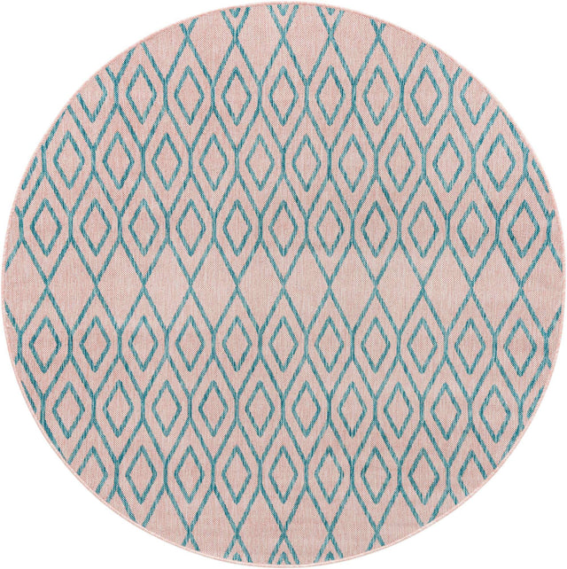 Pink and Aqua 6' 7 x 6' 7 Jill Zarin Outdoor Round Area Rug Weather Resistant for Patio, Deck, Terrace, Balcony, Porch Durable 100% Polypropylene Carpet for Outside for Sale at Rug Engine