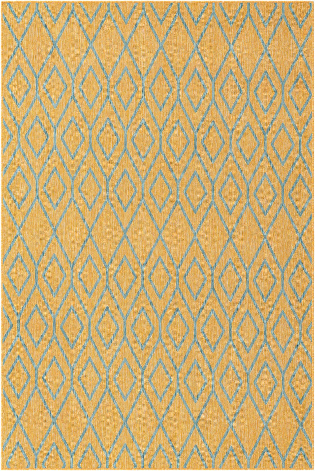Yellow and Aqua 6' 1 x 9' Jill Zarin Outdoor Rectangle Area Rug Weather Resistant for Patio, Deck, Terrace, Balcony, Porch Durable 100% Polypropylene Carpet for Outside for Sale at Rug Engine