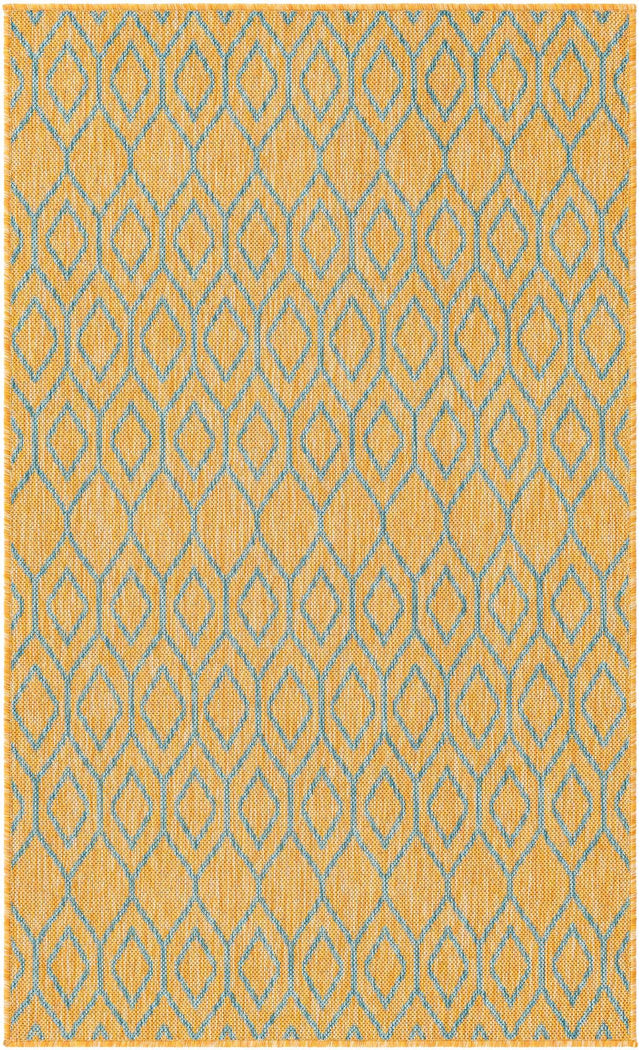 Yellow and Aqua 3' 1 x 5' 3 Jill Zarin Outdoor Rectangle Area Rug Weather Resistant for Patio, Deck, Terrace, Balcony, Porch Durable 100% Polypropylene Carpet for Outside for Sale at Rug Engine