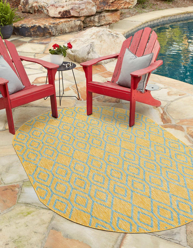 Yellow and Aqua 5' 3 x 8' Jill Zarin Outdoor Oval Area Rug Weather Resistant for Patio, Deck, Terrace, Balcony, Porch Durable 100% Polypropylene Carpet for Outside for Sale at Rug Engine