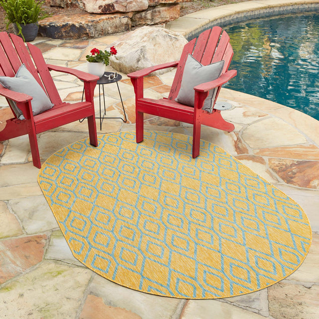 Yellow and Aqua 7' 10 x 10' Jill Zarin Outdoor Oval Area Rug Weather Resistant for Patio, Deck, Terrace, Balcony, Porch Durable 100% Polypropylene Carpet for Outside for Sale at Rug Engine