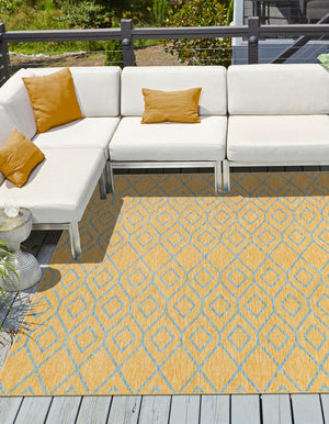 Yellow and Aqua 10' 8 x 10' 8 Jill Zarin Outdoor Square Area Rug Weather Resistant for Patio, Deck, Terrace, Balcony, Porch Durable 100% Polypropylene Carpet for Outside for Sale at Rug Engine