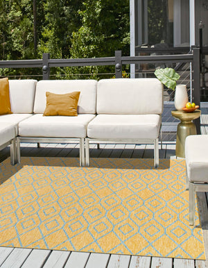 Yellow and Aqua 10' 8 x 10' 8 Jill Zarin Outdoor Square Area Rug Weather Resistant for Patio, Deck, Terrace, Balcony, Porch Durable 100% Polypropylene Carpet for Outside for Sale at Rug Engine
