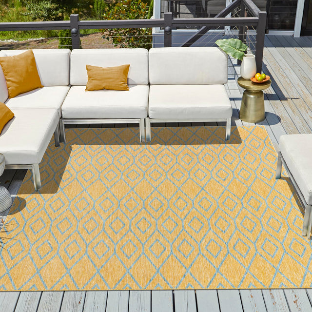 Yellow and Aqua 7' 10 x 7' 10 Jill Zarin Outdoor Square Area Rug Weather Resistant for Patio, Deck, Terrace, Balcony, Porch Durable 100% Polypropylene Carpet for Outside for Sale at Rug Engine