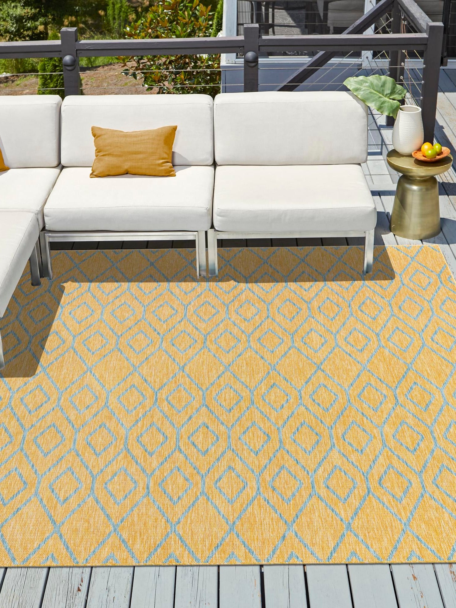 Yellow and Aqua 10' 8 x 10' 8 Jill Zarin Outdoor Square Area Rug Weather Resistant for Patio, Deck, Terrace, Balcony, Porch Durable 100% Polypropylene Carpet for Outside for Sale at Rug Engine
