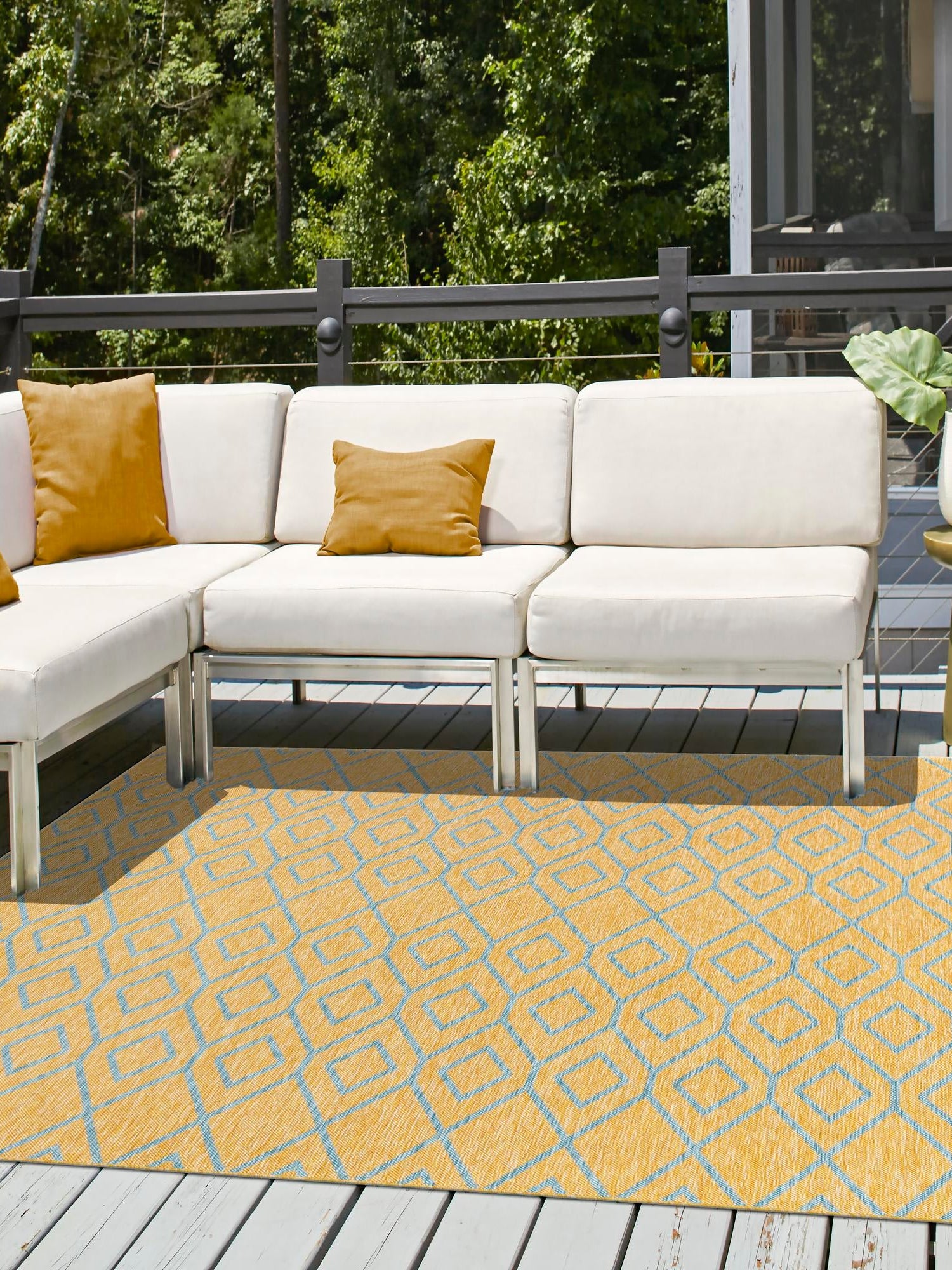 Yellow and Aqua 10' 8 x 10' 8 Jill Zarin Outdoor Square Area Rug Weather Resistant for Patio, Deck, Terrace, Balcony, Porch Durable 100% Polypropylene Carpet for Outside for Sale at Rug Engine