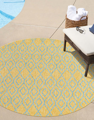 Yellow and Aqua 10' 8 x 10' 8 Jill Zarin Outdoor Round Area Rug Weather Resistant for Patio, Deck, Terrace, Balcony, Porch Durable 100% Polypropylene Carpet for Outside for Sale at Rug Engine