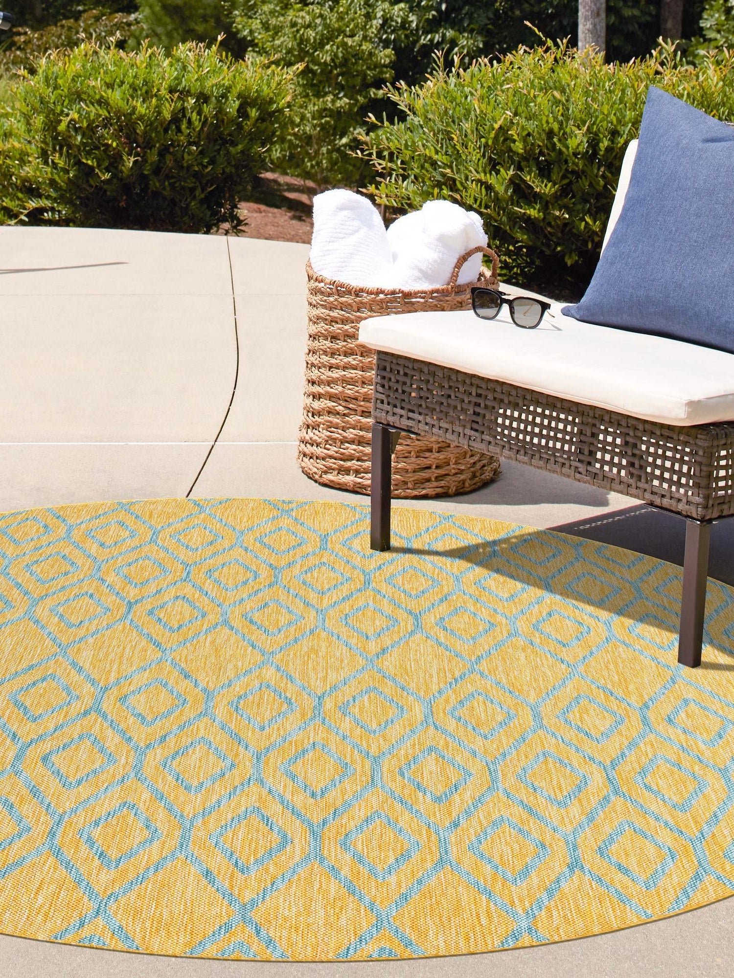 Yellow and Aqua 6' 7 x 6' 7 Jill Zarin Outdoor Round Area Rug Weather Resistant for Patio, Deck, Terrace, Balcony, Porch Durable 100% Polypropylene Carpet for Outside for Sale at Rug Engine
