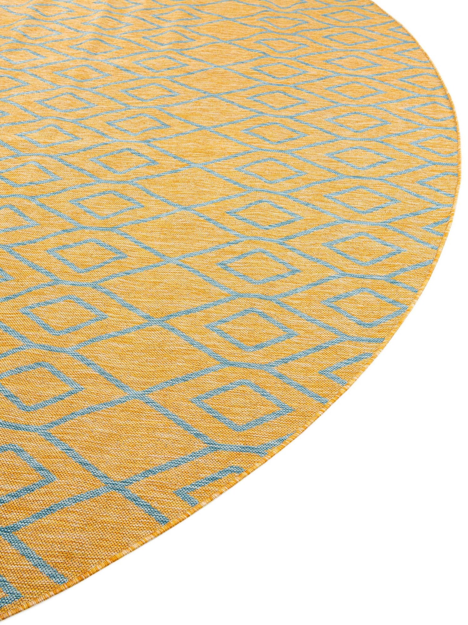 Yellow and Aqua 6' 7 x 6' 7 Jill Zarin Outdoor Round Area Rug Weather Resistant for Patio, Deck, Terrace, Balcony, Porch Durable 100% Polypropylene Carpet for Outside for Sale at Rug Engine