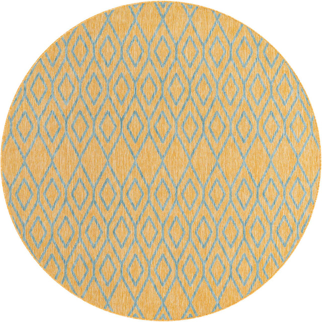 Yellow and Aqua 6' 7 x 6' 7 Jill Zarin Outdoor Round Area Rug Weather Resistant for Patio, Deck, Terrace, Balcony, Porch Durable 100% Polypropylene Carpet for Outside for Sale at Rug Engine