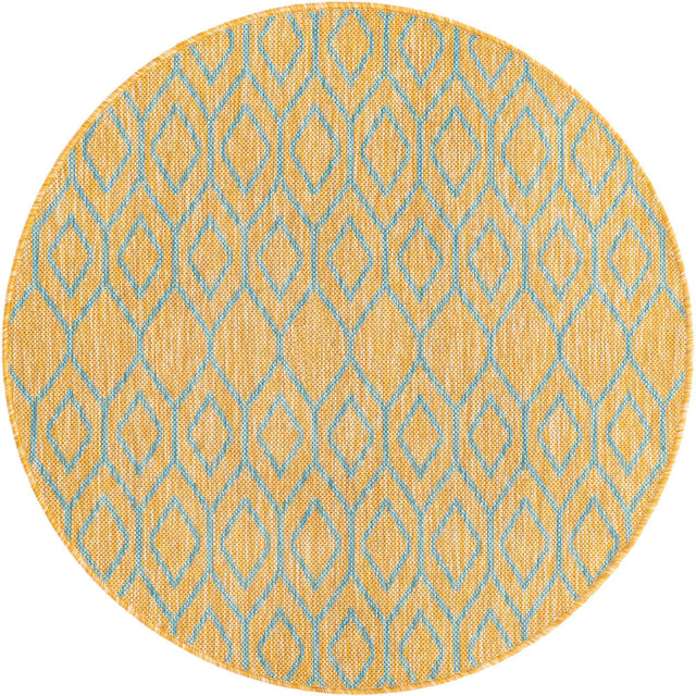 Yellow and Aqua 3' 1 x 3' 1 Jill Zarin Outdoor Round Area Rug Weather Resistant for Patio, Deck, Terrace, Balcony, Porch Durable 100% Polypropylene Carpet for Outside for Sale at Rug Engine