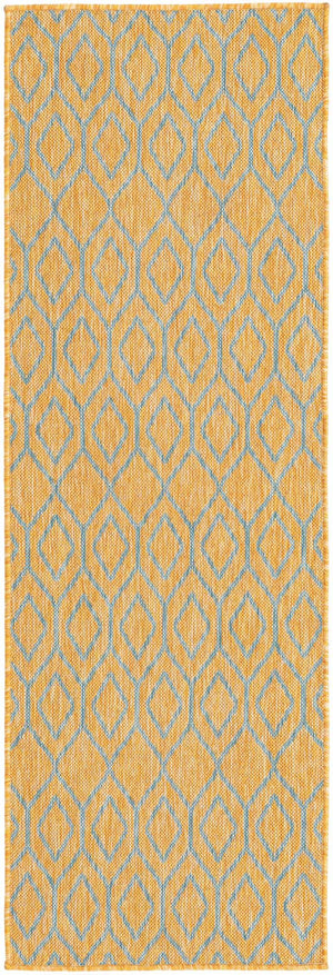 Yellow and Aqua 2' x 8' Jill Zarin Outdoor Runner Area Rug Weather Resistant for Patio, Deck, Terrace, Balcony, Porch Durable 100% Polypropylene Carpet for Outside for Sale at Rug Engine