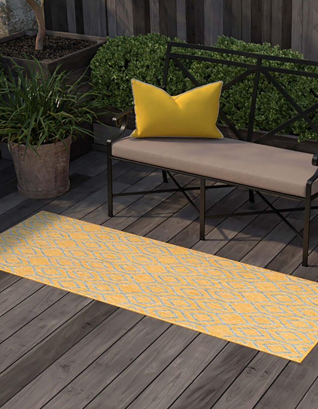 Yellow and Aqua 2' x 8' Jill Zarin Outdoor Runner Area Rug Weather Resistant for Patio, Deck, Terrace, Balcony, Porch Durable 100% Polypropylene Carpet for Outside for Sale at Rug Engine