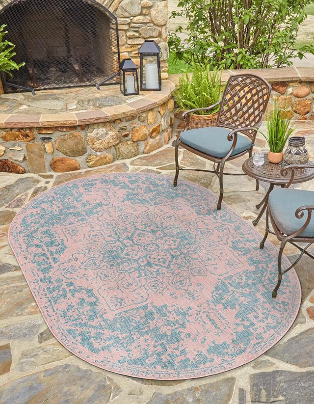 Pink and Aqua 5' 3 x 8' Jill Zarin Outdoor Oval Area Rug Weather Resistant for Patio, Deck, Terrace, Balcony, Porch Durable 100% Polypropylene Carpet for Outside for Sale at Rug Engine