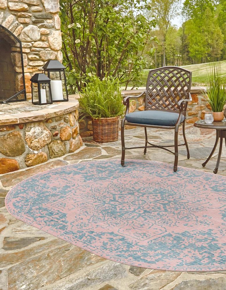 Pink and Aqua 7' 10 x 10' Jill Zarin Outdoor Oval Area Rug Weather Resistant for Patio, Deck, Terrace, Balcony, Porch Durable 100% Polypropylene Carpet for Outside for Sale at Rug Engine