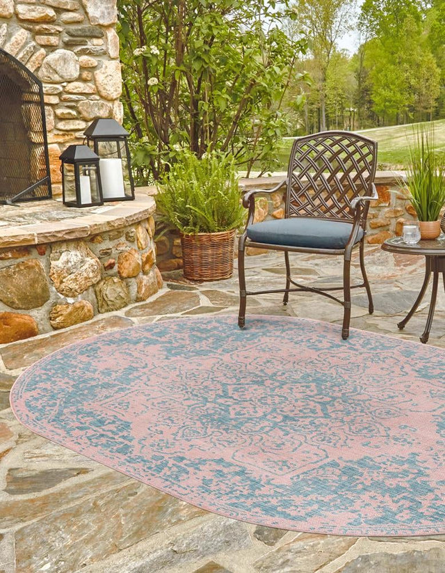 Pink and Aqua 7' 10 x 10' Jill Zarin Outdoor Oval Area Rug Weather Resistant for Patio, Deck, Terrace, Balcony, Porch Durable 100% Polypropylene Carpet for Outside for Sale at Rug Engine
