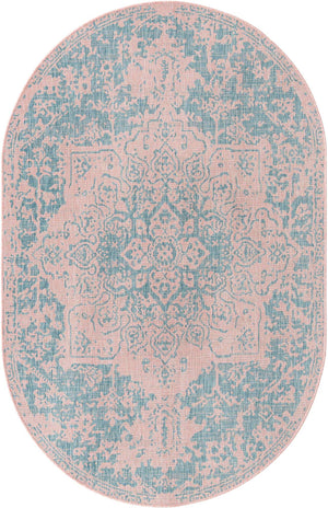 Pink and Aqua 5' 3 x 8' Jill Zarin Outdoor Oval Area Rug Weather Resistant for Patio, Deck, Terrace, Balcony, Porch Durable 100% Polypropylene Carpet for Outside for Sale at Rug Engine