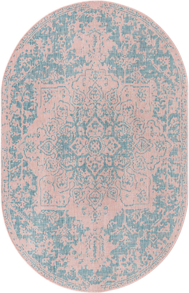 Pink and Aqua 5' 3 x 8' Jill Zarin Outdoor Oval Area Rug Weather Resistant for Patio, Deck, Terrace, Balcony, Porch Durable 100% Polypropylene Carpet for Outside for Sale at Rug Engine