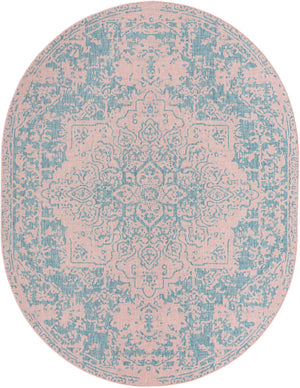 Pink and Aqua 7' 10 x 10' Jill Zarin Outdoor Oval Area Rug Weather Resistant for Patio, Deck, Terrace, Balcony, Porch Durable 100% Polypropylene Carpet for Outside for Sale at Rug Engine
