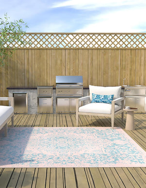 Pink and Aqua 7' 10 x 7' 10 Jill Zarin Outdoor Square Area Rug Weather Resistant for Patio, Deck, Terrace, Balcony, Porch Durable 100% Polypropylene Carpet for Outside for Sale at Rug Engine